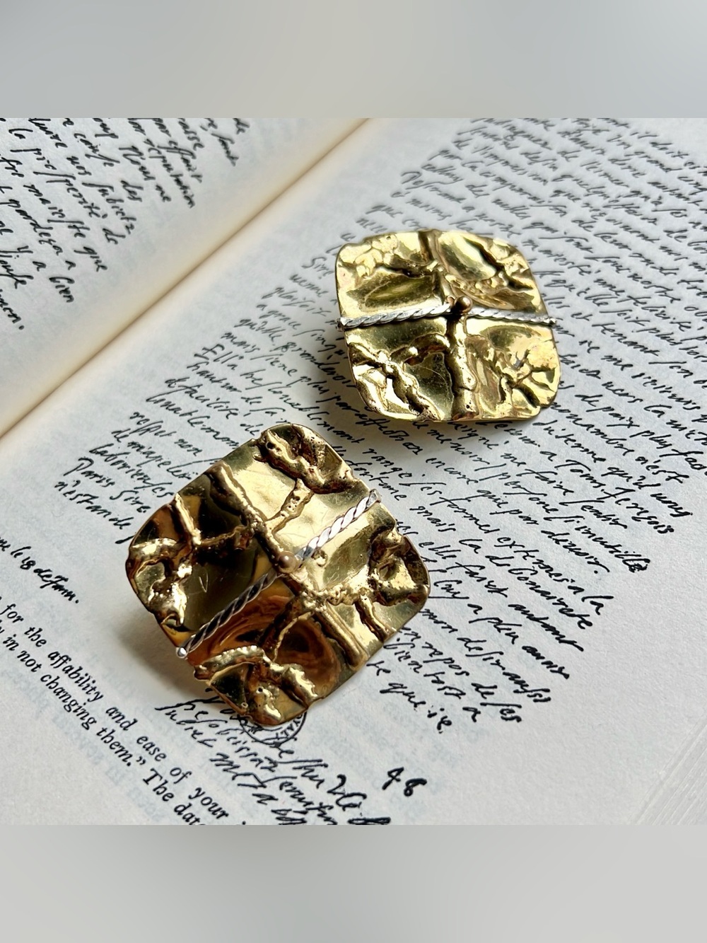 Vintage Luciani Gold Plated Textured Silvertone accents Statement square Earring